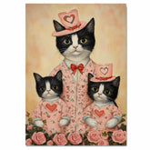 Mother Cat and Kittens in Pink Floral Outfits with Roses Whimsical Tuxedo Cat Family Artwork for Cat Lovers and Cozy Decor on Ready to Hang 1.5" Thick Canvas Wrap, Floating Framed Canvas, Flat Rolled Canvas